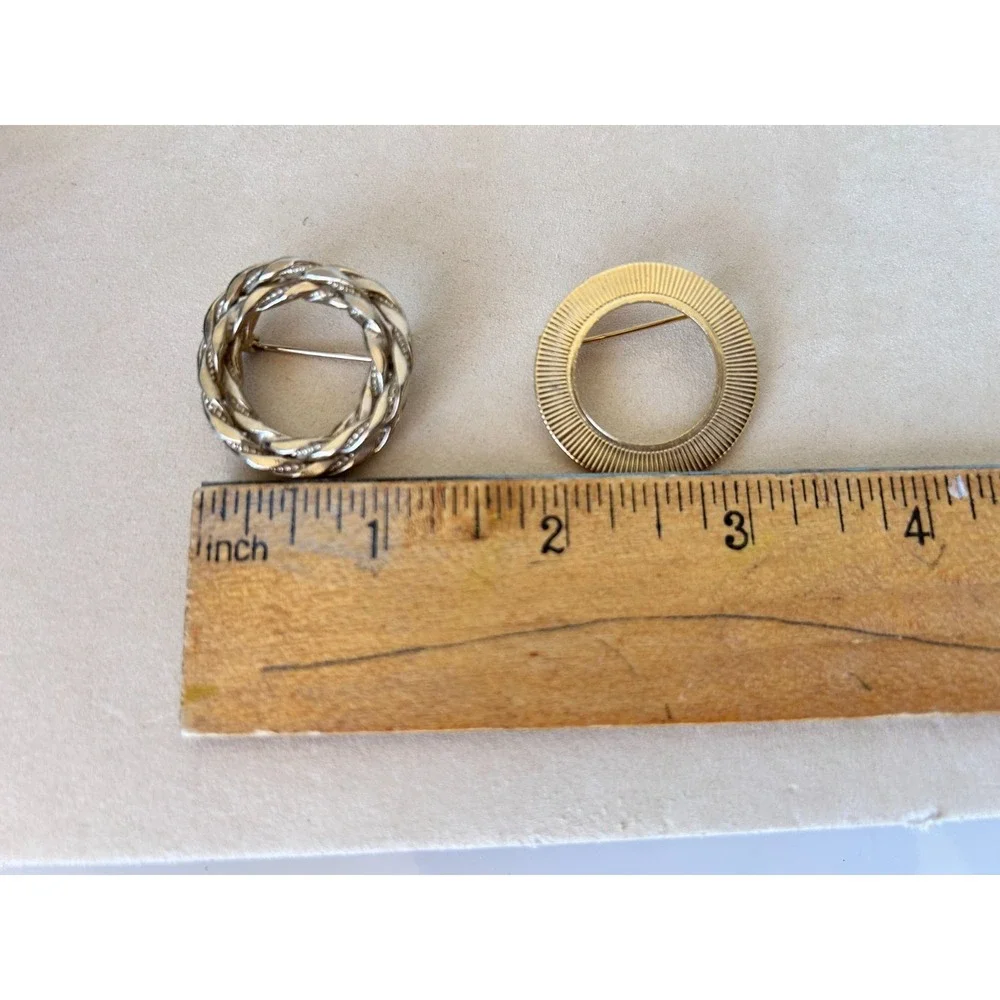 Vtg MCM Geometric Circle Brooch Lot of 2 Silver Gold Tone Textured Pin Set Mod